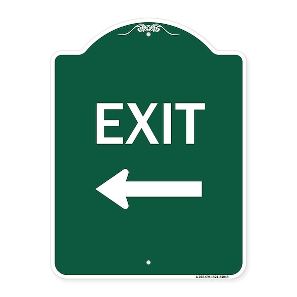 Designer Series Exit W/ Left Arrow 2, Green & White Aluminum Sign, 18" H, 24" L, GW-1824-24049